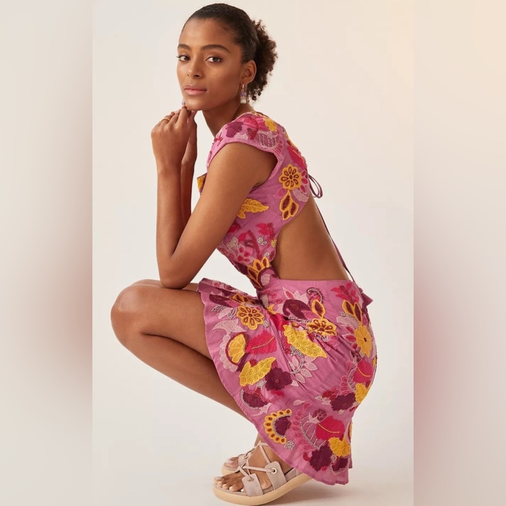 Anthropologie Magenta Dress with Embroidered Details - Picture 3 of 14